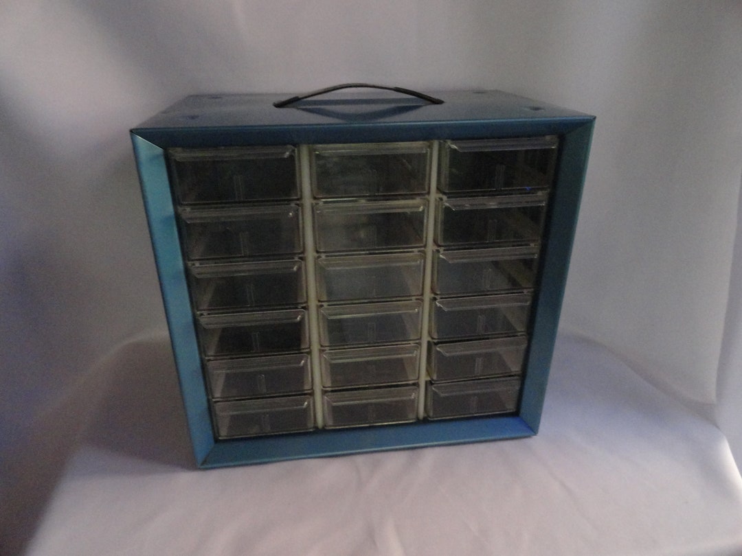 Vintage 1960s 1970s Akromils Blue Metal Box Handle 18 Drawers Craft