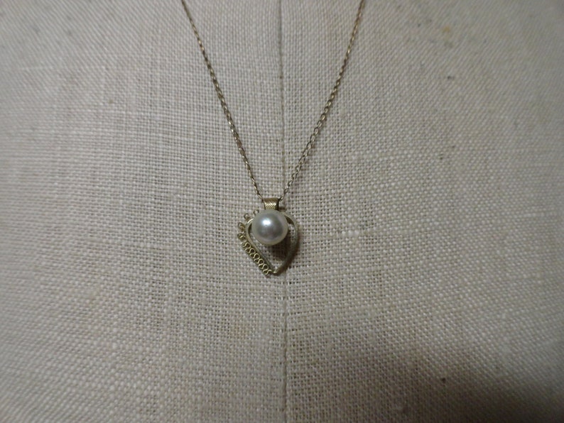 Vintage Women's or Girl's Heart & Light Gray Pearl Necklace Dainty Simple Little Girl's Gift Ladies Gift Feminine image 5