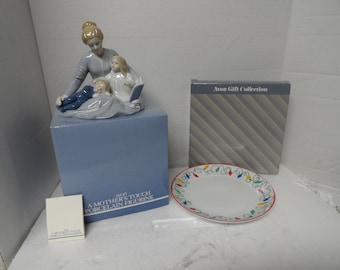 Vintage Avon Christmas Lights Dessert Plate or Light Blue & White "A Mother's Touch" Porcelain Figurine NIB Collectible NOS Choice