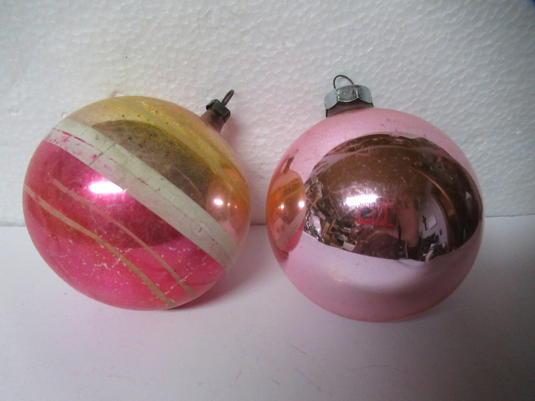 Vintage Pink Glass Christmas Ornaments Gold White Set of 2 Large Made