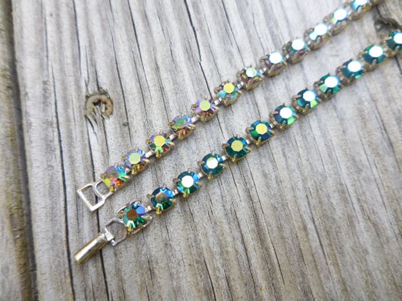 Vintage 1950s to 1970s Silver Tone Iridescent Pronged Rhinestone Bracelet Either BlueGreen or PinkPurple Snap Clasp Retro 1