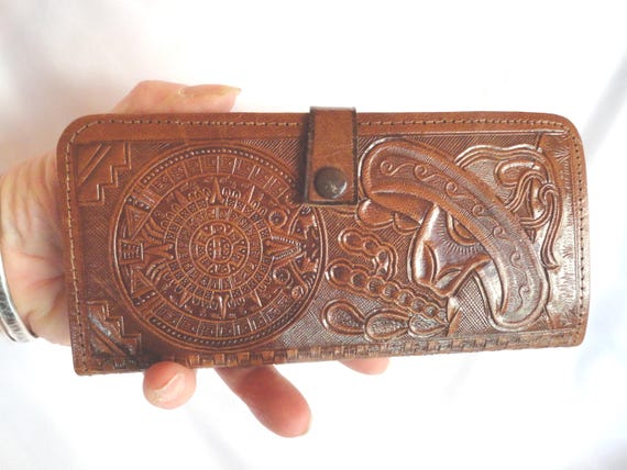 Vintage Women's Mexican Leather Wallet, Hand Tooled, Brown,1960s