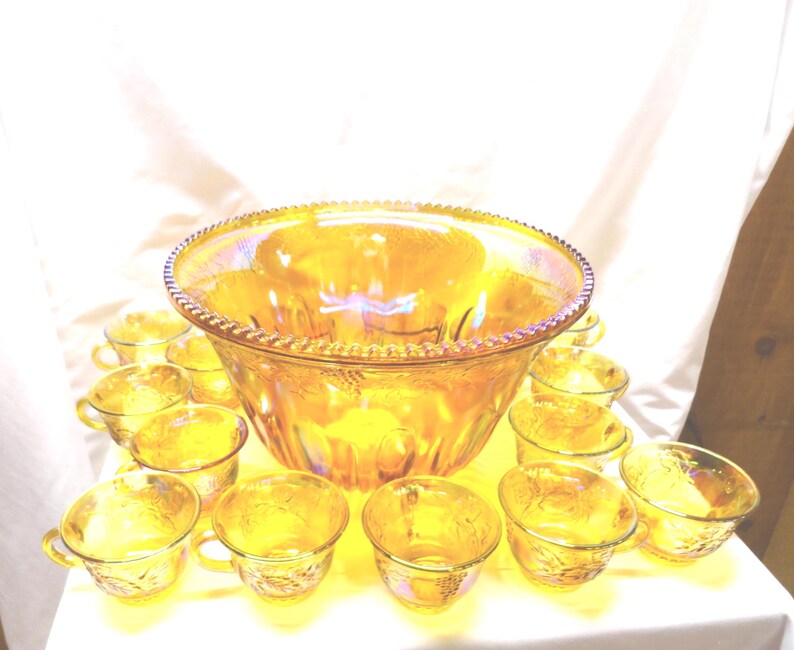 Vintage Indiana Glass Harvest Punch Bowl Set, Carnival Glass, No Ladle image 2