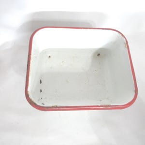 Vintage White Enamel Refrigerator Dish, Red Trim, Farmhouse Kitchen Decor
