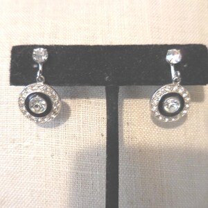 Vintage Black Enamel Rhinestone Earrings Round Screw Back Small Silver Tone Non Pierced Dressy Elegant 1950s 1960s