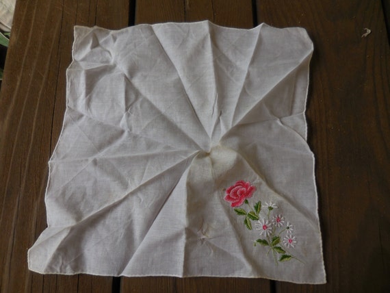 Vintage Women's Embroidered Handkerchief Pink Ros… - image 1