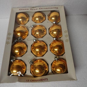 Vintage Large Gold Glass Christmas Tree Ornaments Marathon Franke Brand Box of 12 USA 1950s 1960s Hanging Balls Retro Home Decor