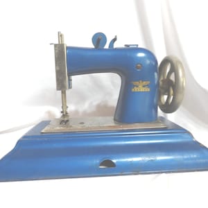 Vintage German Toy Sewing Machine, Casige, Blue Metal, Moving