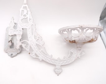 Vintage Hurricane Lamp Holder Sconce, White Cast Iron, Wall Decor, 1900s
