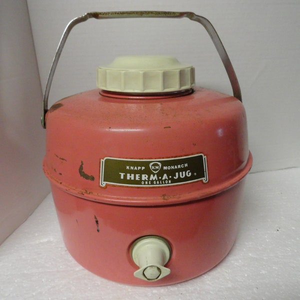 Vintage Pink Thermal 1 Gallon Jug Liquid Cooler Metal Porcelain Plastic Surface Rust Spots Not Perfect Prop Display Mid Century Therm-A-Jug