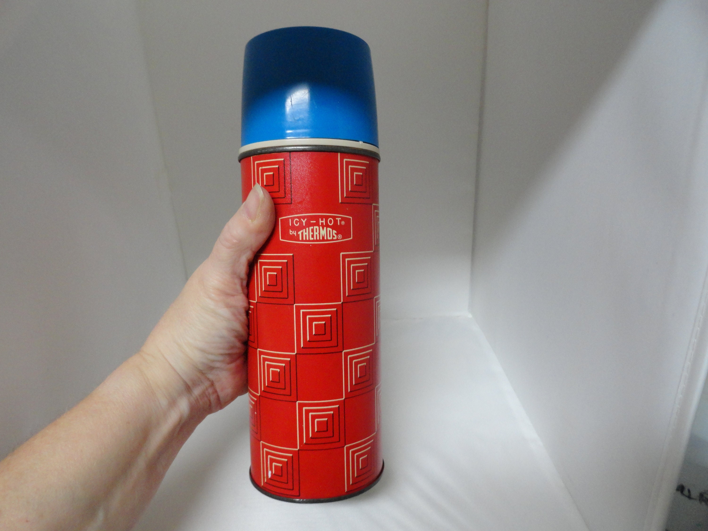 Vintage Icy Hot Red and Grey Thermos, Made by the American Thermos