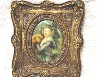 Vintage Miniature Portrait Wall Hanging Marseilles French Winter Clothing Gold Tone Ornate Plastic Frame 1950s 1960s