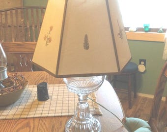 Antique Hurricane Oil Lamp Converted to Electric with Botanical Shade, Glass Home Decor, 1900s-70s