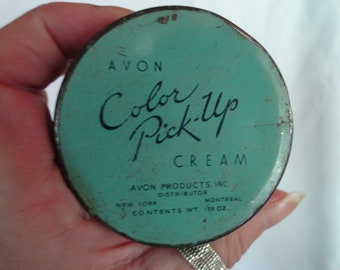 Vintage AVON Color Pick-Up Cream Jar Flat Glass White Jar Light Green Metal Lid 1950s 1960s Women's Ladies Girl's Bathroom Decor Retro