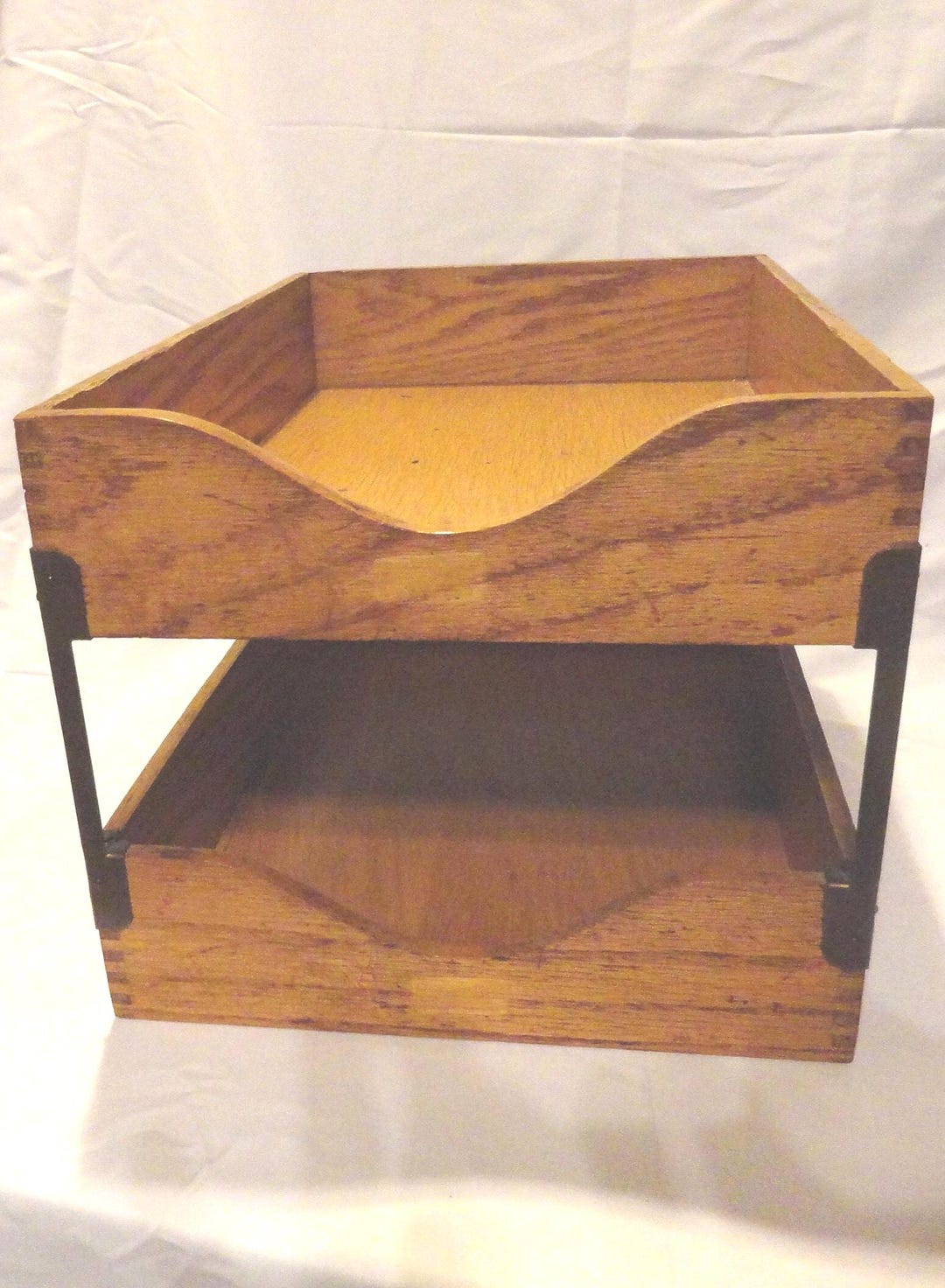 Vintage Double Oak Wood Letter Tray, Legal Size Desk Accessory