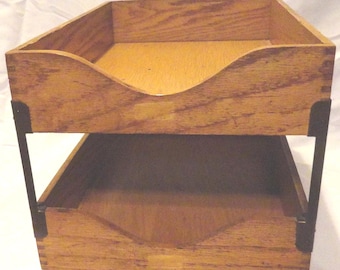 Vintage Double Oak Wood Letter Tray, Legal Size Desk Accessory