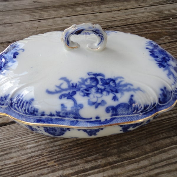 Antique Flow Blue Stafforshire England Tureen Furnival Versaillies Pottery Covered Serving Dish Gold Trim No. 221872 Dining Decor 1890s