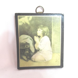 Vintage Girl Praying Tiny Wall Hanging Picture Small Retro Brown Beige Wood Back No Frame White Miniature 1930s