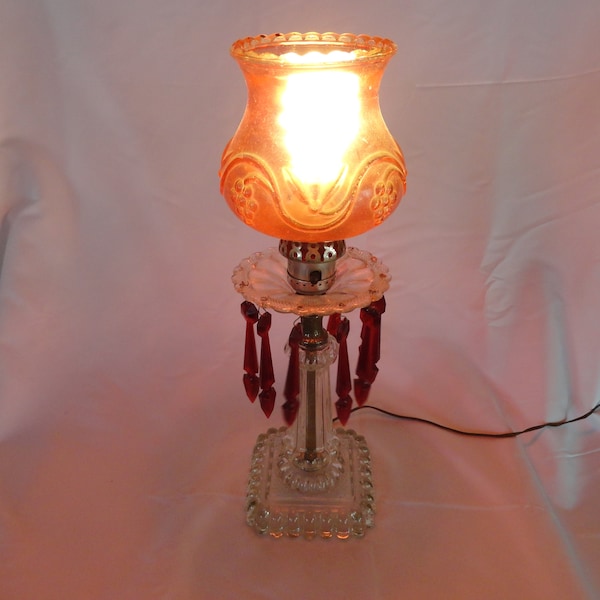 Vintage Red & Clear Small Bedside Table Lamp Plastic (3) Missing Crystals Flash Glass Base Silver Tone Metal 1940s to 1960s