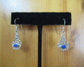 Vintage Women's Sterling Silver & Blue Lapis Earrings Stone Small Filigree Pierced Dangle Tiny Drop Ladies Gift Girl's Gift 1980s 1990s