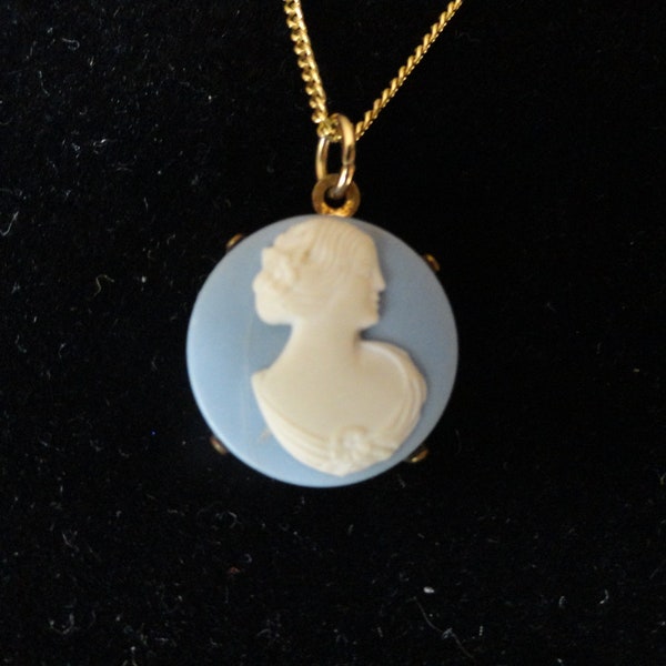 Vintage Women's Tiny Cameo Necklace Light Blue & White Plastic Girl's Gift Wedgwood Looking Dainty Lady's Face 1960s 1970s Ladies Gift