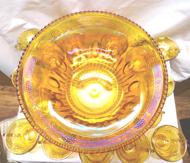 Vintage Indiana Glass Harvest Punch Bowl Set, Carnival Glass, No Ladle image 3