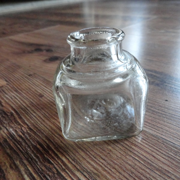 Vintage Cork or Metal Top Inkwell Clear Glass Bottle Jar Desk Accessory Square Home Decor Small 1950 1960s