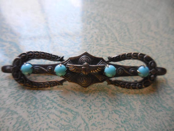 Vintage Egyptian Revival Turquoise Glass Pin Flyi… - image 4