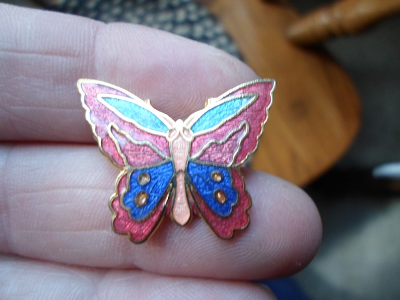 Vintage Women's Small Cloisonne Butterfly Pin Colorful Brooch Gold Tone Blue/Red/Green Insect Ladies Gift Girl's Gift 1970s 1980s image 4