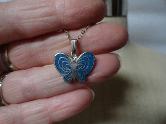 Vintage Girl's Inlay Chipped Turquoise Butterfly … - image 5