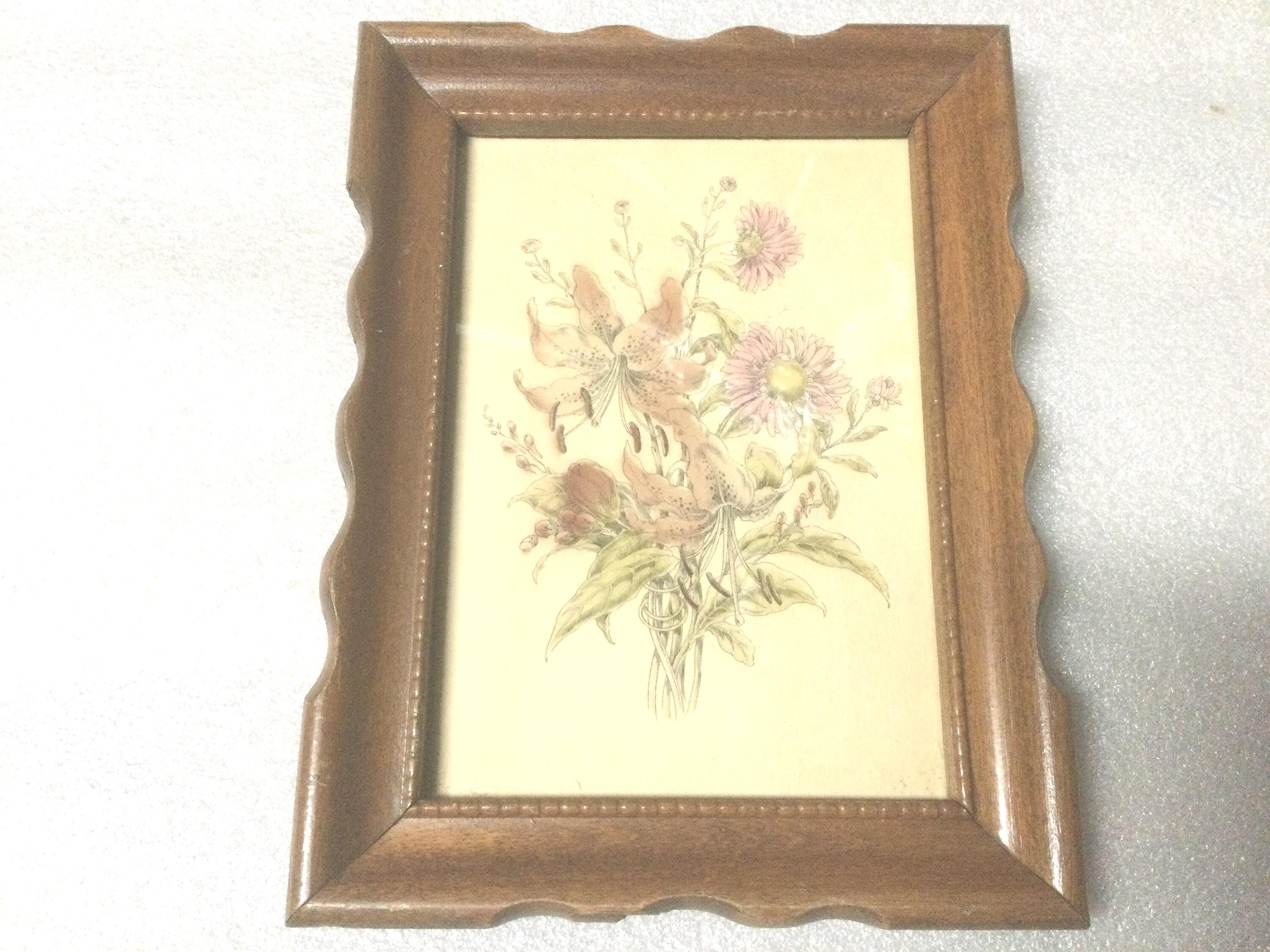 Vintage Floral Print Wall Hanging Framed Small Wood Frame Still Life Flowers Pictures Iris Tiger Lily Foxglove 1940s to 1960s