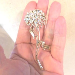 Vintage Coro Rhinestone Flower Pin Iridescent Gold Tone Brooch 1950s 1960s Long Retro Pin Sparkly Mid Century