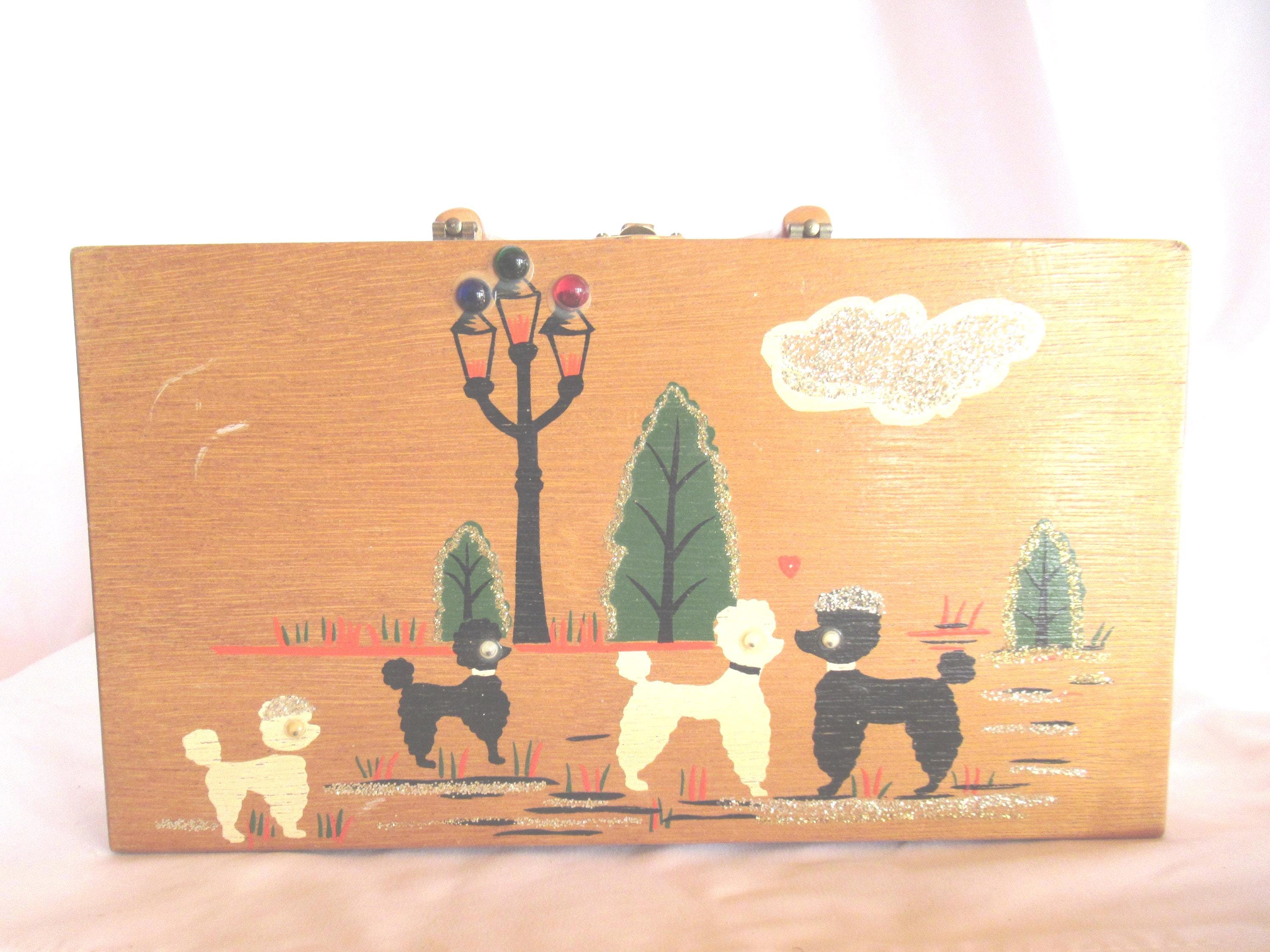 Vintage Wooden Box Purse With Poodles, Japan, Mirror, Finger