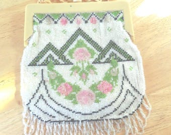 Vintage Glass Beaded Floral Purse, Celluloid Frame, Handle, 1920s-30s