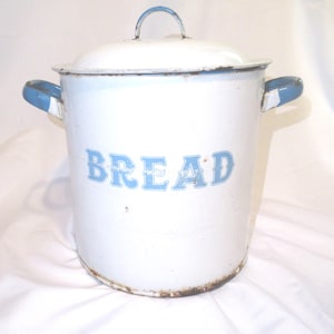 Vintage White & Blue Enamel BREAD Bin Lidded Pan 1920s to 1940sHeavy Farmhouse Country Kitchen Decor Chippie