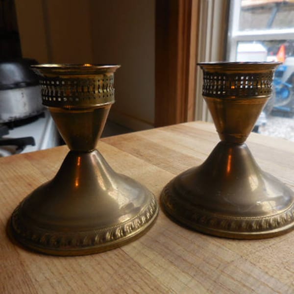 Vintage Duchin Jeweler's Brass Candlestick Holders Set Hand Spun Pair Retro Etched Home Decor Metal Gold Tone Centerpiece 1940s to 1960s