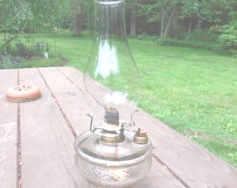 Antique P & A Hurricane Oil Lamp, Clear Glass with Chimney, 1800s-1900s