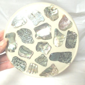 Vintage Abalone Hot Plate, Round Trivet, Off-White Cream Background, Kitchen, 1960s-70s