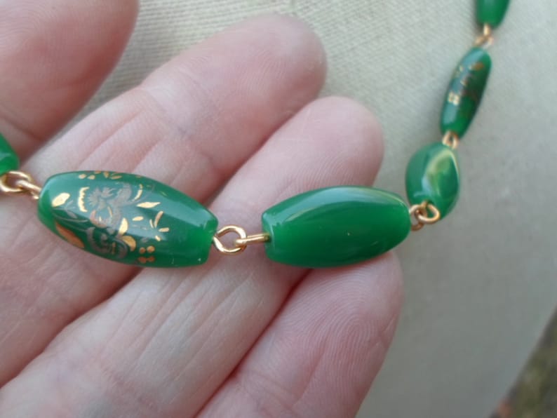Vintage 1960s to 1970s Green Glass Gold Tone Necklace and Bracelet Set Floral Motif