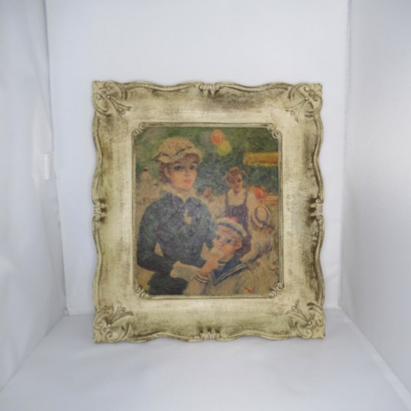 Vintage Cream & Gold Plastic Framed Wall Hanging Lady in Hat with Dog or Lady in Hat with Boy at Carnival 1950s 1to 1970s Home Decor