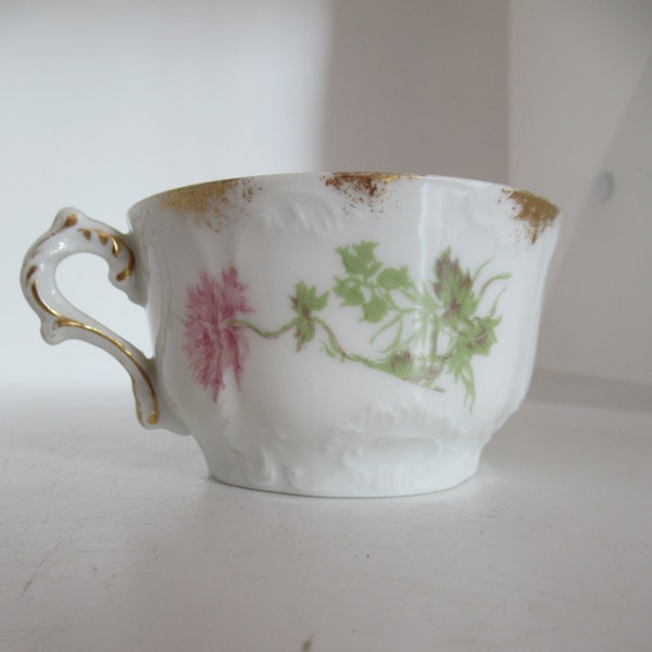 Antique Limoges Haviland GDA C. H. Field Cup with Handle White Pink Flowers Green Gold Trim Embossed Single Dainty Feminine 1900 to 1940s