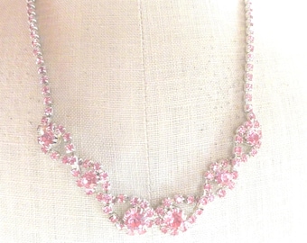 Vintage Pink Rhinestone Necklace, Silver Tone Adjustable Length