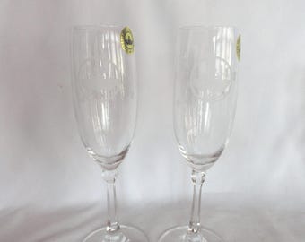 Vintage Irish Toasting Glass, Single, Champagne with Etched Claddagh & Shamrocks, 1980s-90s