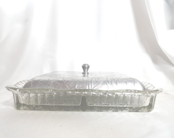 Vintage Floral Aluminum Covered Glass Dish, Divided Tray, Rectangle