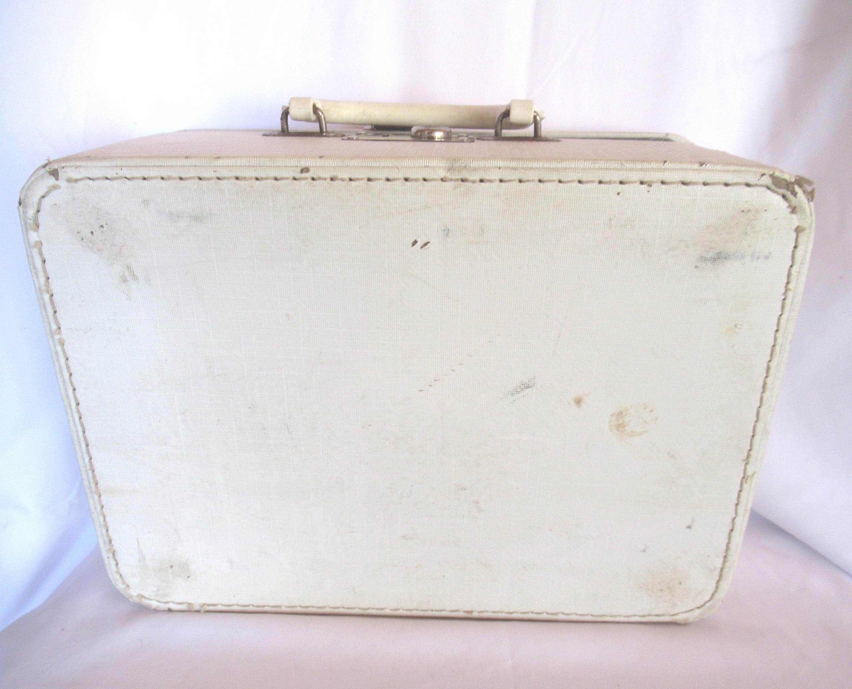 Vintage Small White Suitcase With Key, Mirror, Small Luggage
