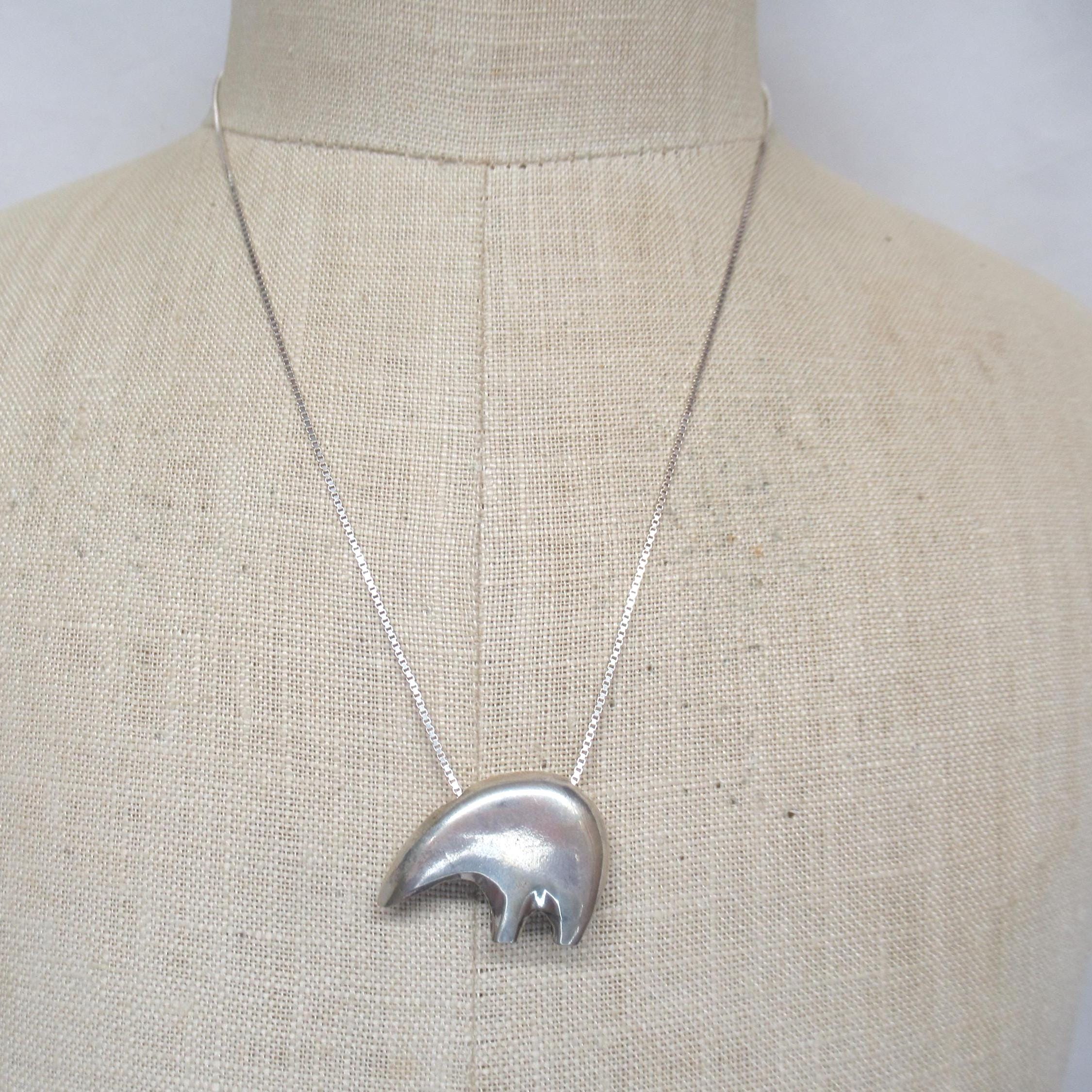 Vintage Sterling Silver Zuni Bear Pendant Necklace, Mary B. Hetz