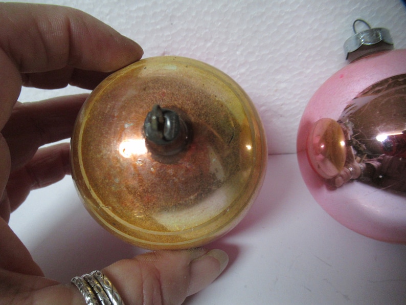 Vintage Pink Glass Christmas Ornaments Gold White Set of 2 Large Made