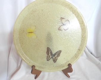 Vintage Butterfly Serving Tray, Gold Glitter, Home Decor, Round