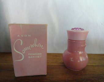 Vintage Women's Avon Somewhere Powder Sachet NIB Ladies Scented Talc 1960s 1970s Pink Glass Jar Small Ladies Perfumed Powder Girl's Gift NOS