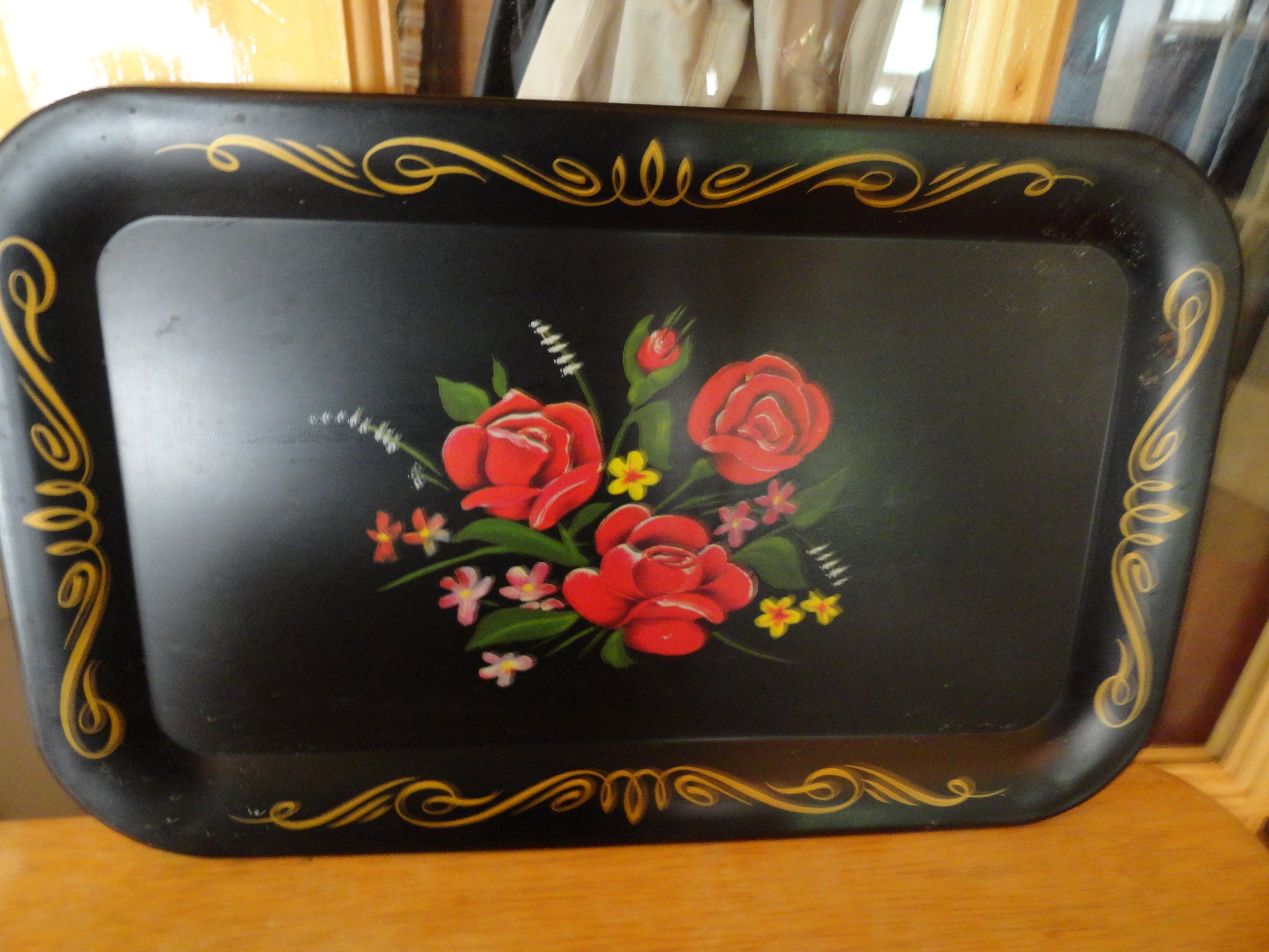 小物入れ vintage tray 1960 s Vintage Toleware Style Small Tray, Black With Red Roses, Metal